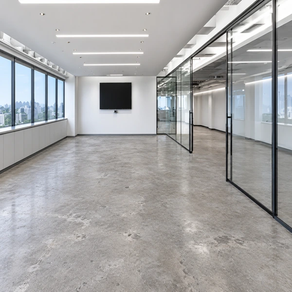 Bright glass office space with polished concrete floors