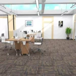 Bright open office area with brown linear carpet tiles