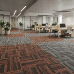 Brown, gray, and charcoal patterned ribbed office carpet tiles