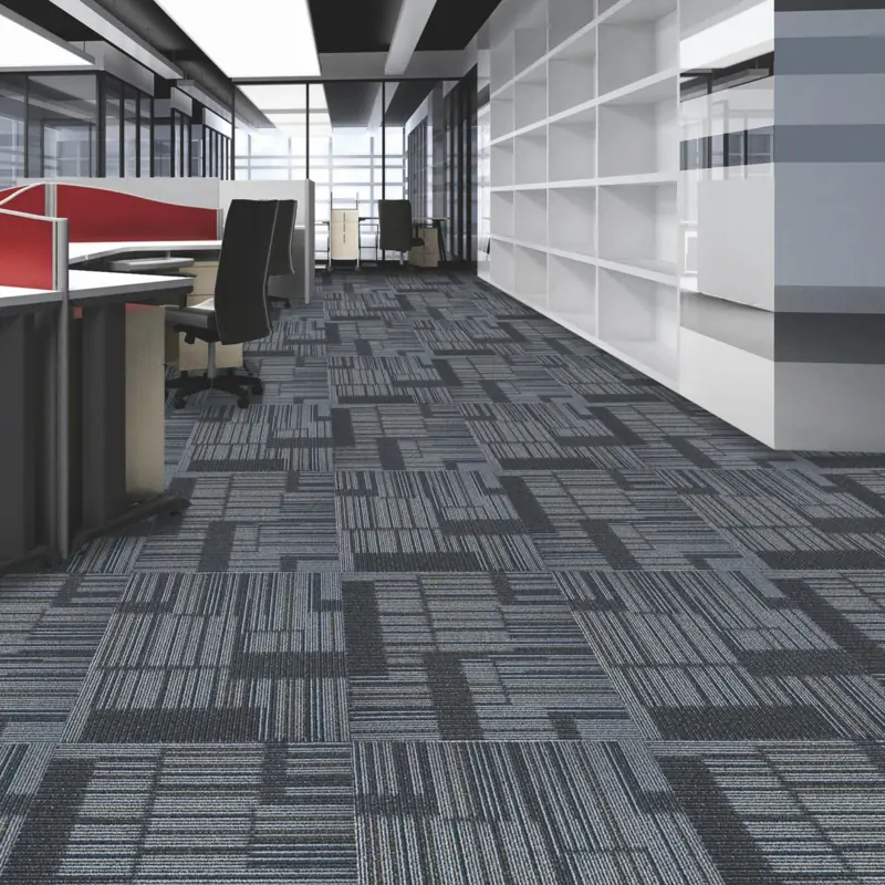 Dark grey textured carpet tiles with abstract linear grid