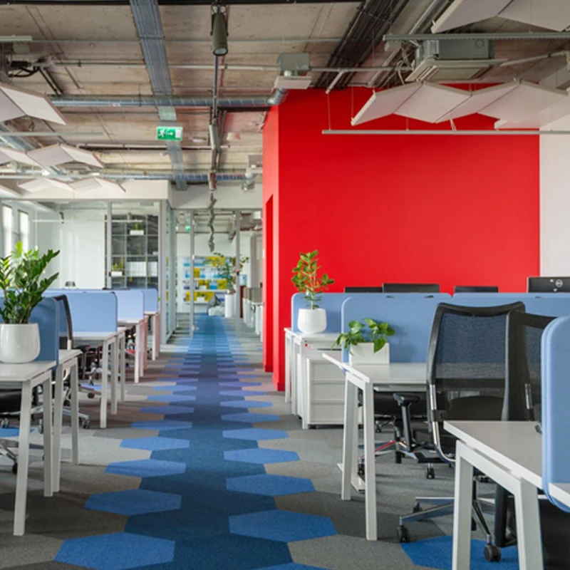 Gray and blue hexagonal patterned commercial carpet tiles