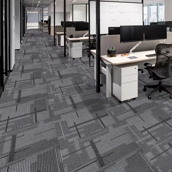 Grey linear textured commercial office carpet tiles