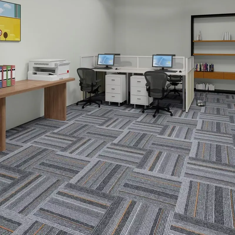 Grey striped crosshatch carpet tiles in modular workstation