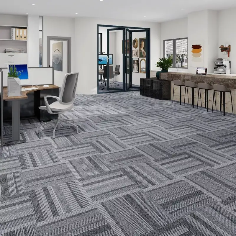 Light grey basketweave pattern carpet tiles in modern workspace