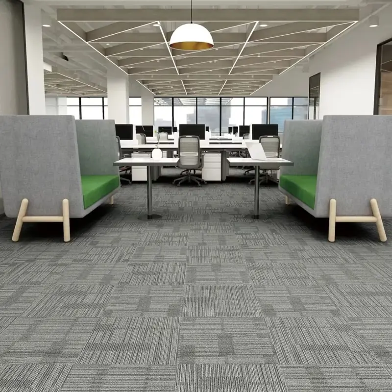 Light grey striped carpet tiles in modern open-plan office