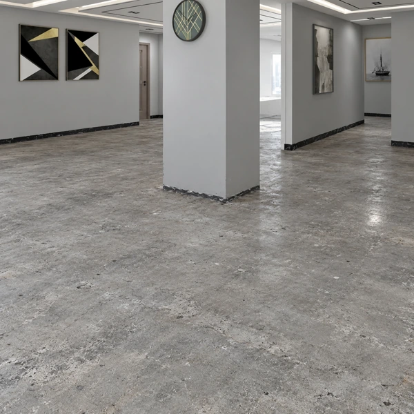 Modern spacious interior with grey polished concrete floor