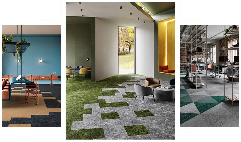 pixelated-pattern commercial carpet tiles installed in a modern office lounge area.